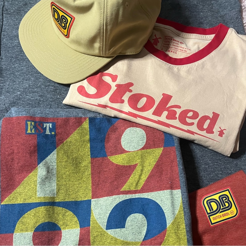 Dutch bros 92 racer pack // Dutch bros Tan hat, Orange, 1992 gray, stoked Tshirt